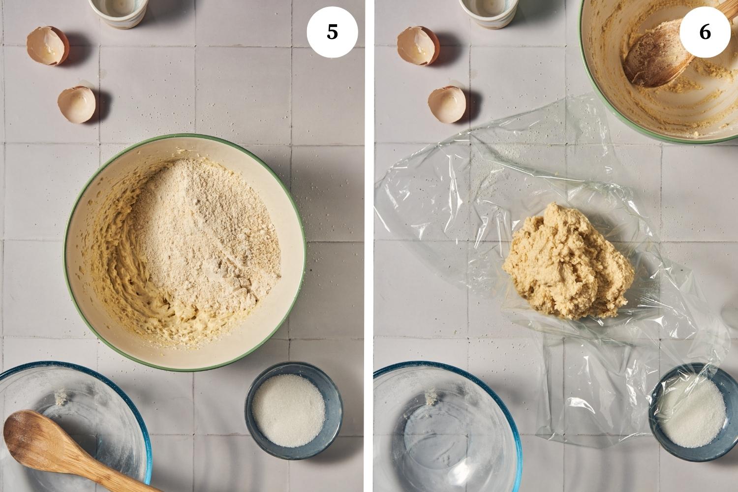 almond cookies procedure: bowl of ingredients mixed together. dough on top of a plastic wrap.