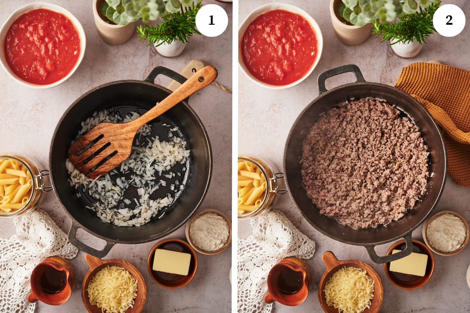 baked penne procedure: first photo is a saucepan with a wooden spoon and onions in it. around the pan are some ingredients for baked penne. Second photo is a saucepan with ground beef.