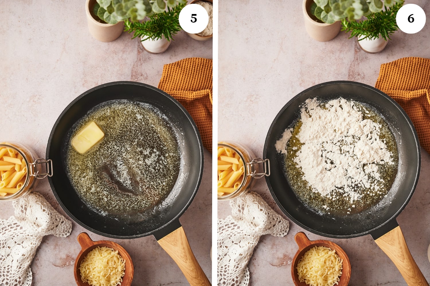 baked penne procedure: first photo is a nonstick pan with butter. next photo is flour added onto the butter in a pan.
