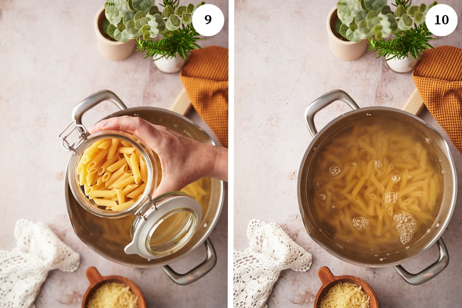 baked penne procedure: jar of penne pasta being put in a pot with water. next photo is pasta being boiled in water.