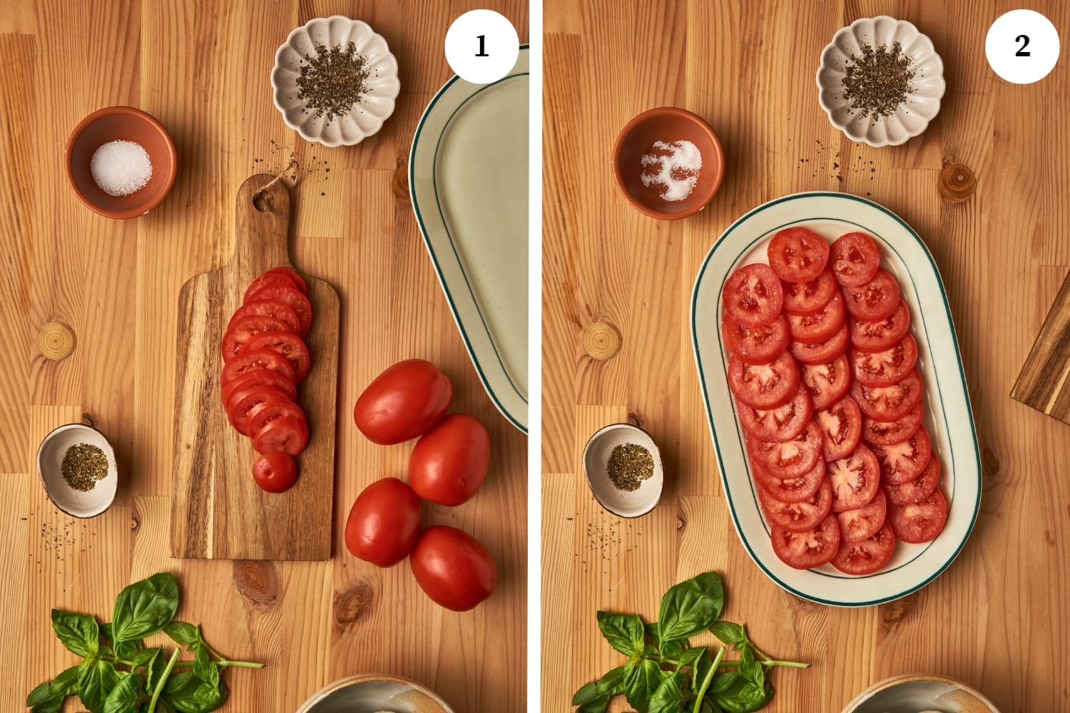 caprese salad procedure: sliced tomatoes on top of a wooden chopping board. other photo is arranged tomatoes on a white oval plate.