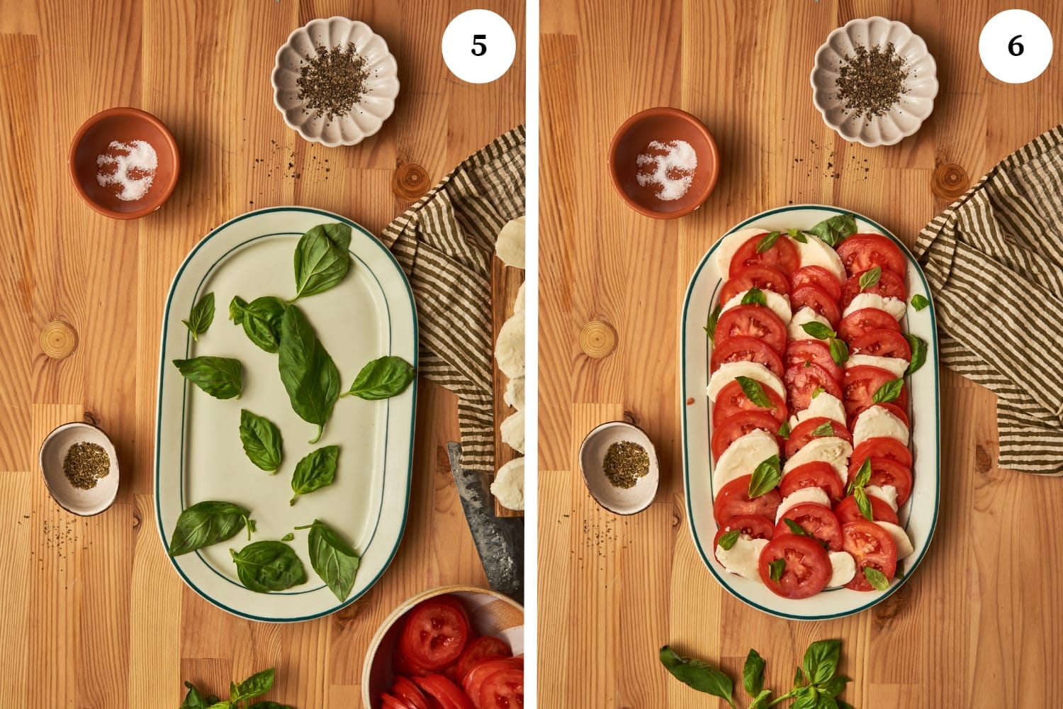 caprese salad procedure: oval plate with fresh basil leaves arranged randomly. next photo is caprese salad assembled.