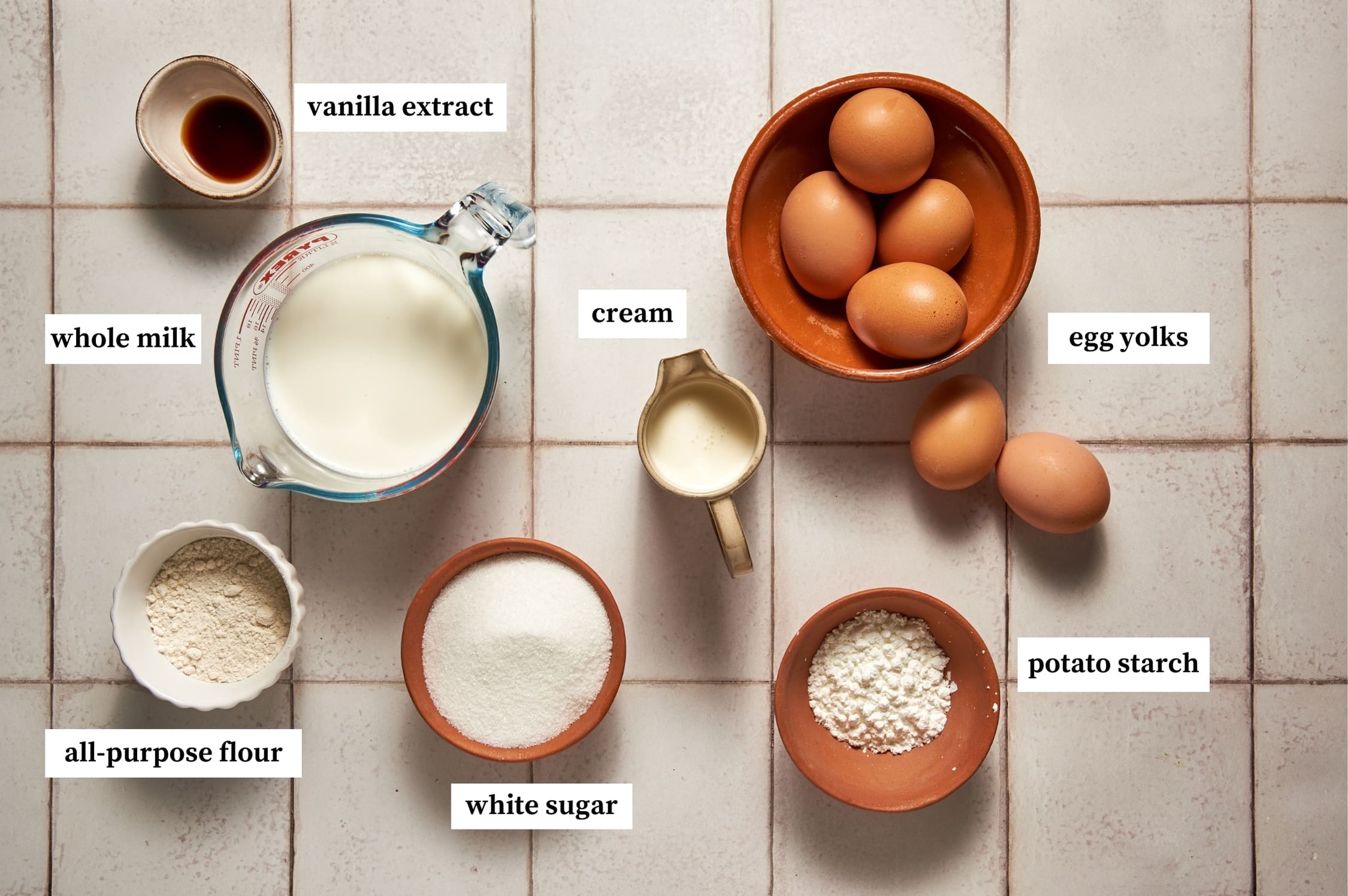 italian pastry cream ingredients, vanilla extract, whole milk, eggs, cream, flour, starch, sugar.