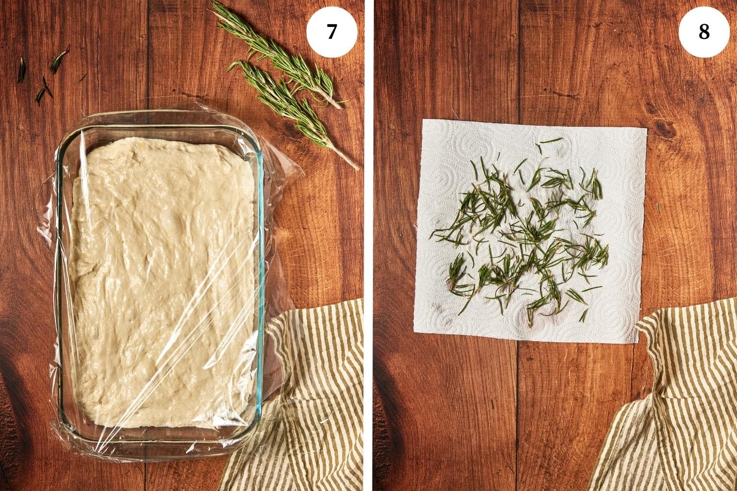focaccia bread procedure: dough in a pan covered with plastic wrap. next photo is rosemary leaves on a paper towel.