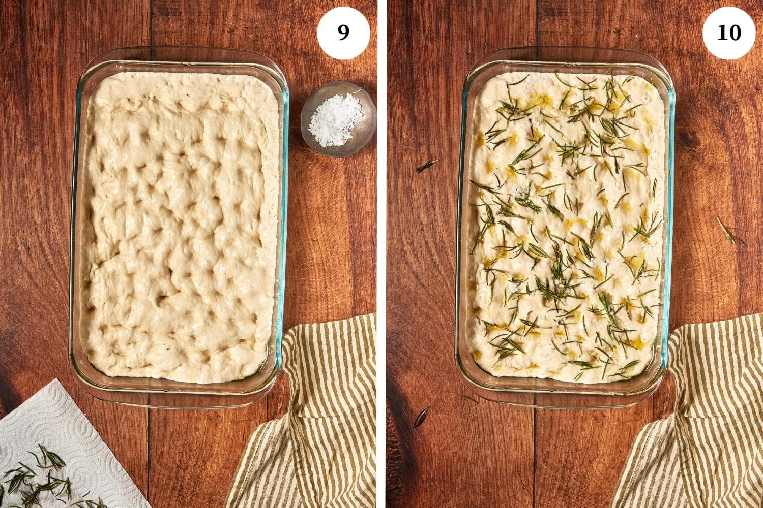 focaccia bread procedure: dough in a pan poked on top. next photo is dough in a pan is drizzled with olive oil and rosemary leaves.