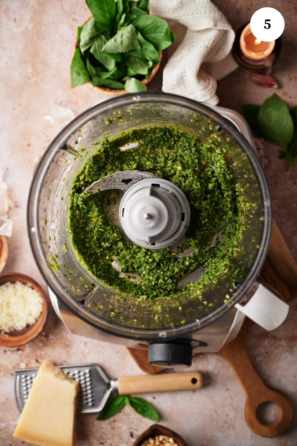 food processor with a finished pesto.