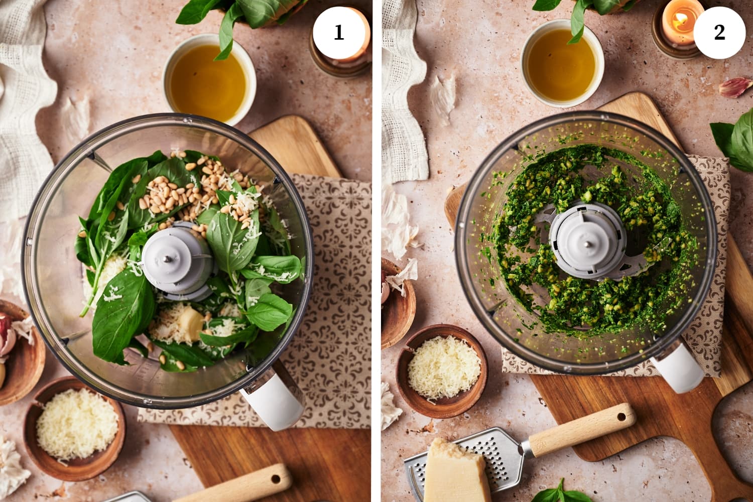 pesto procedure: first photo, a food processor with basil, garlic cloves, pine nuts, and parmesan cheese inside. around it are a bowls of cheese, olive oil, garlic cloves. second photo, same picture but the ingredients inside the food processor are ground.