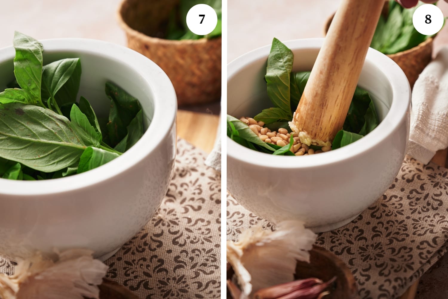 pesto procedure: first photo pestle with fresh basil leaves. second photo, mortar and pestle with fresh basil leaves, pine nuts inside.
