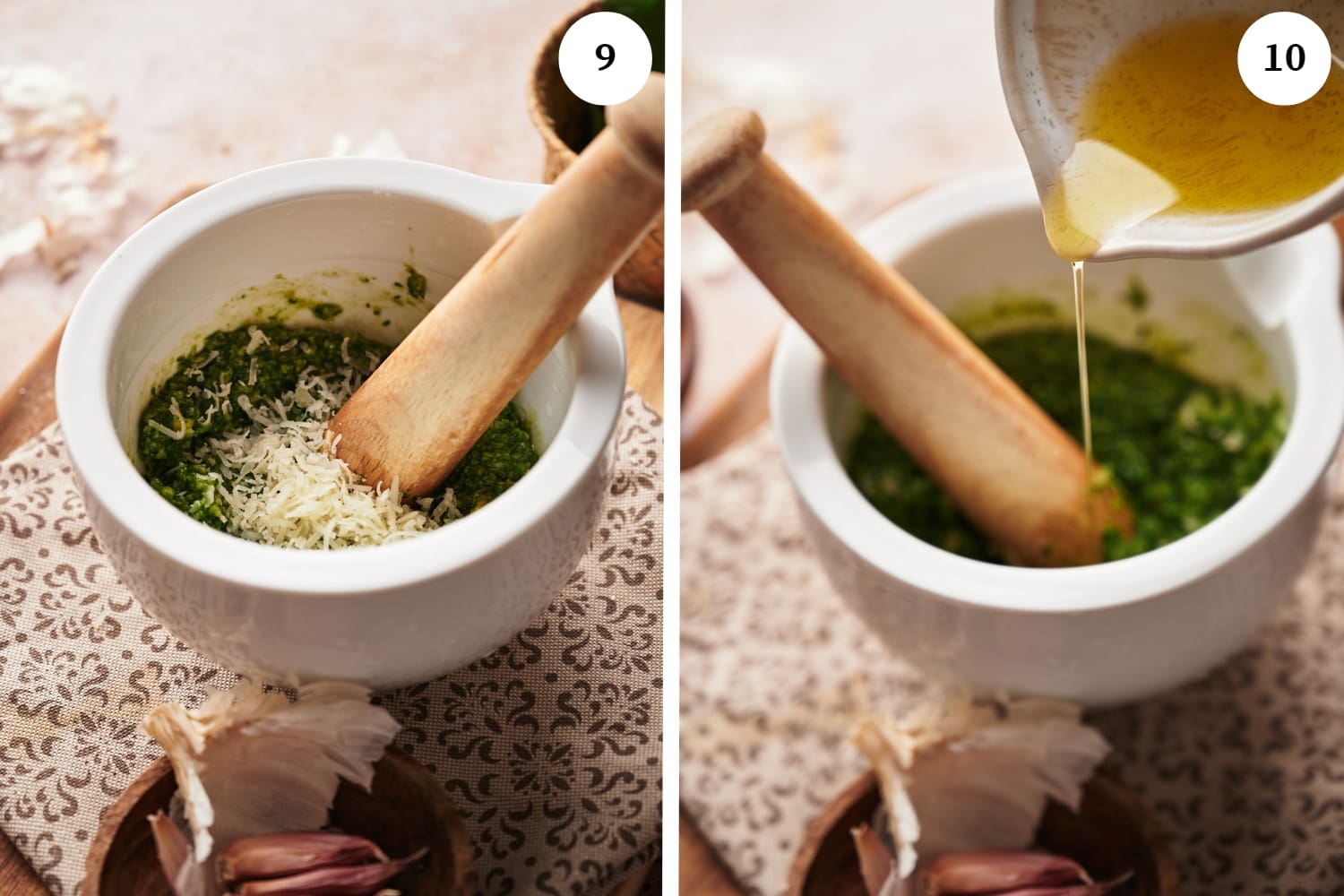 mortar and pestle with pesto mixture inside and cheese on top. next photo is a pesto mixture in a mortar and pestle with olive oil being added to it.