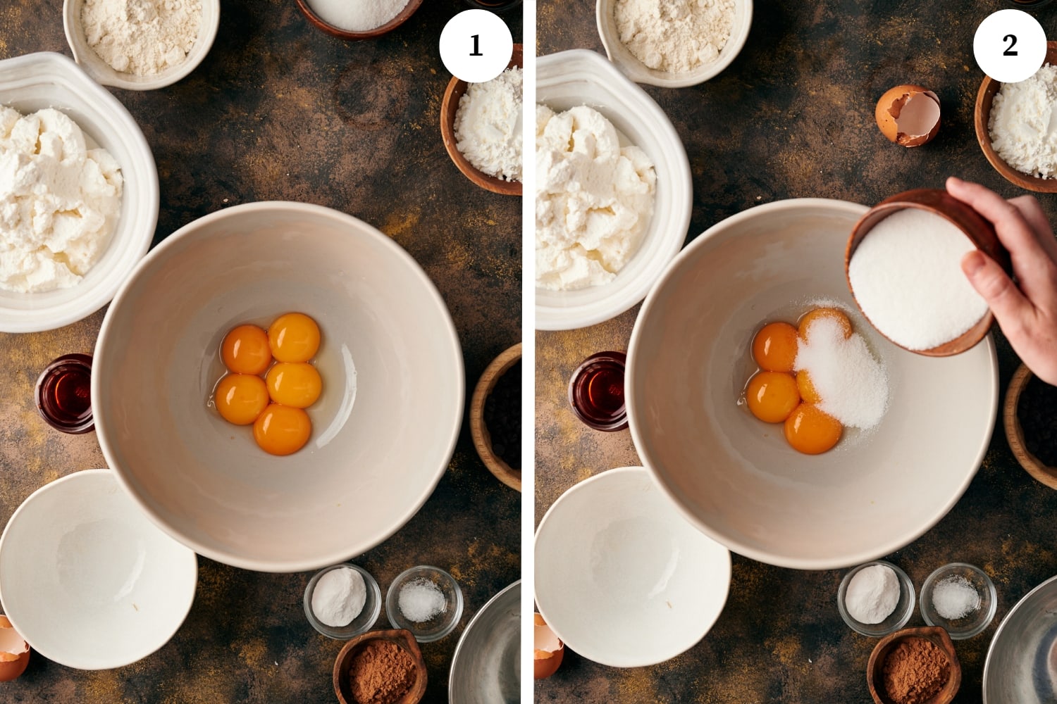 zuccotto procedure: first photo is a big white bowl with egg yolks. second photo is white bowl with egg yolks with a hand adding a bowl of sugar into the eggs