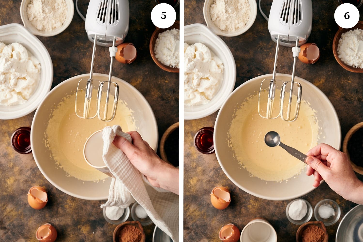 zuccotto procedure: a white bowl with batter a hand holding a mug of hot water and an electric hand mixer. second photo is same but holding a tablespoon