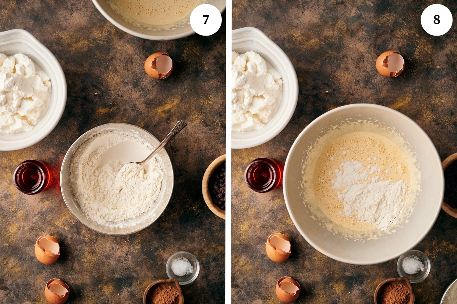 zuccotto procedure: flour mixture in a bowl with a spoon. second photo is a batter in a bowl with some flour on top.