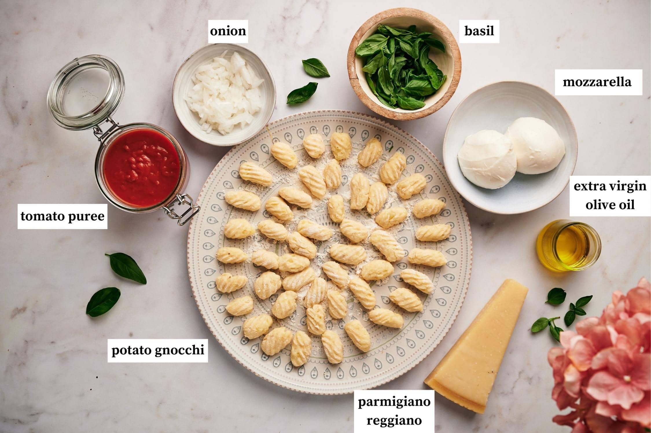 Ingredients for Gnocchi alla Sorrentina: tomato puree, onion, basil, mozzarella, extra virgin olive oil, potato gnocchi.