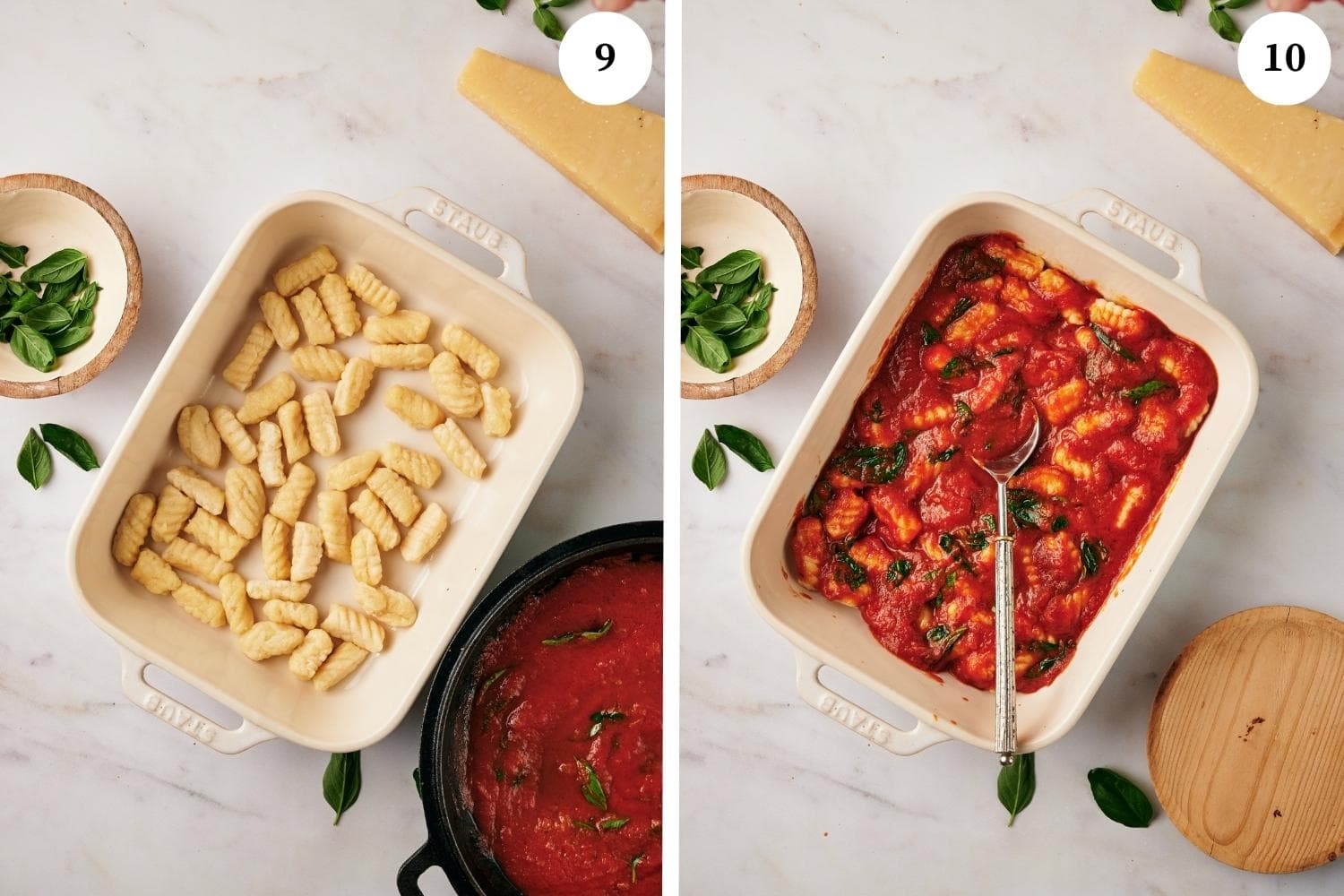Process of making Gnocchi alla Sorrentina:  Remove the gnocchi with a slotted spoon and transfer directly into an ovenproof baking dish and drizzle the gnocchi with tomato sauce.