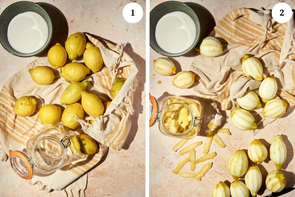 Homemade limoncello procedure: the lemons are washed and dried.