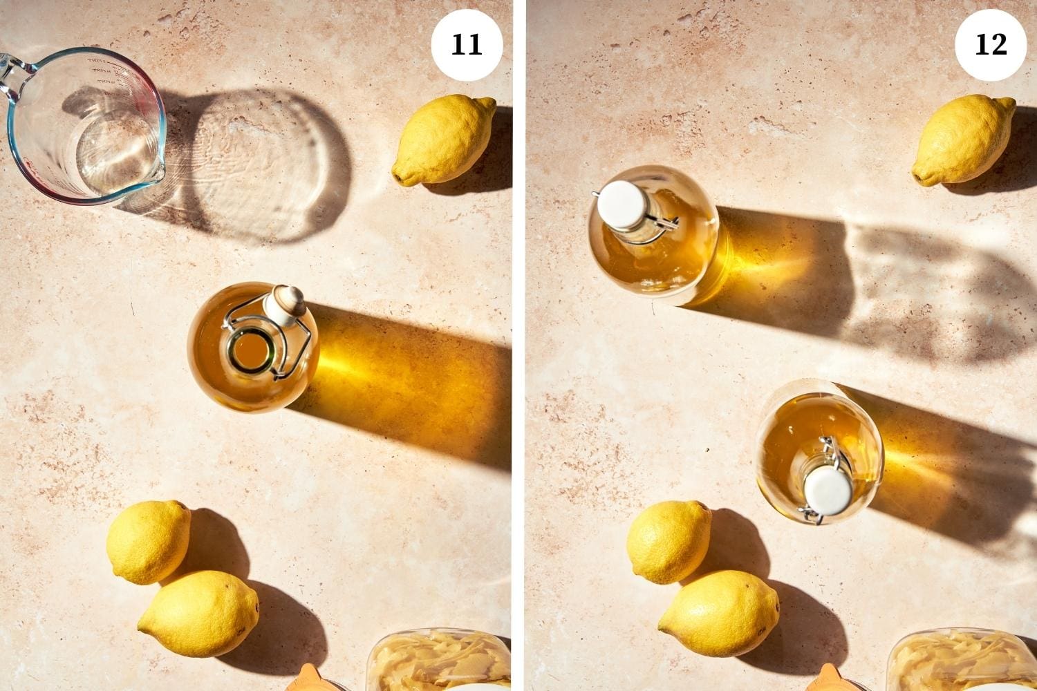 Homemade limoncello procedure: the limoncello is poured into bottles and sealed.