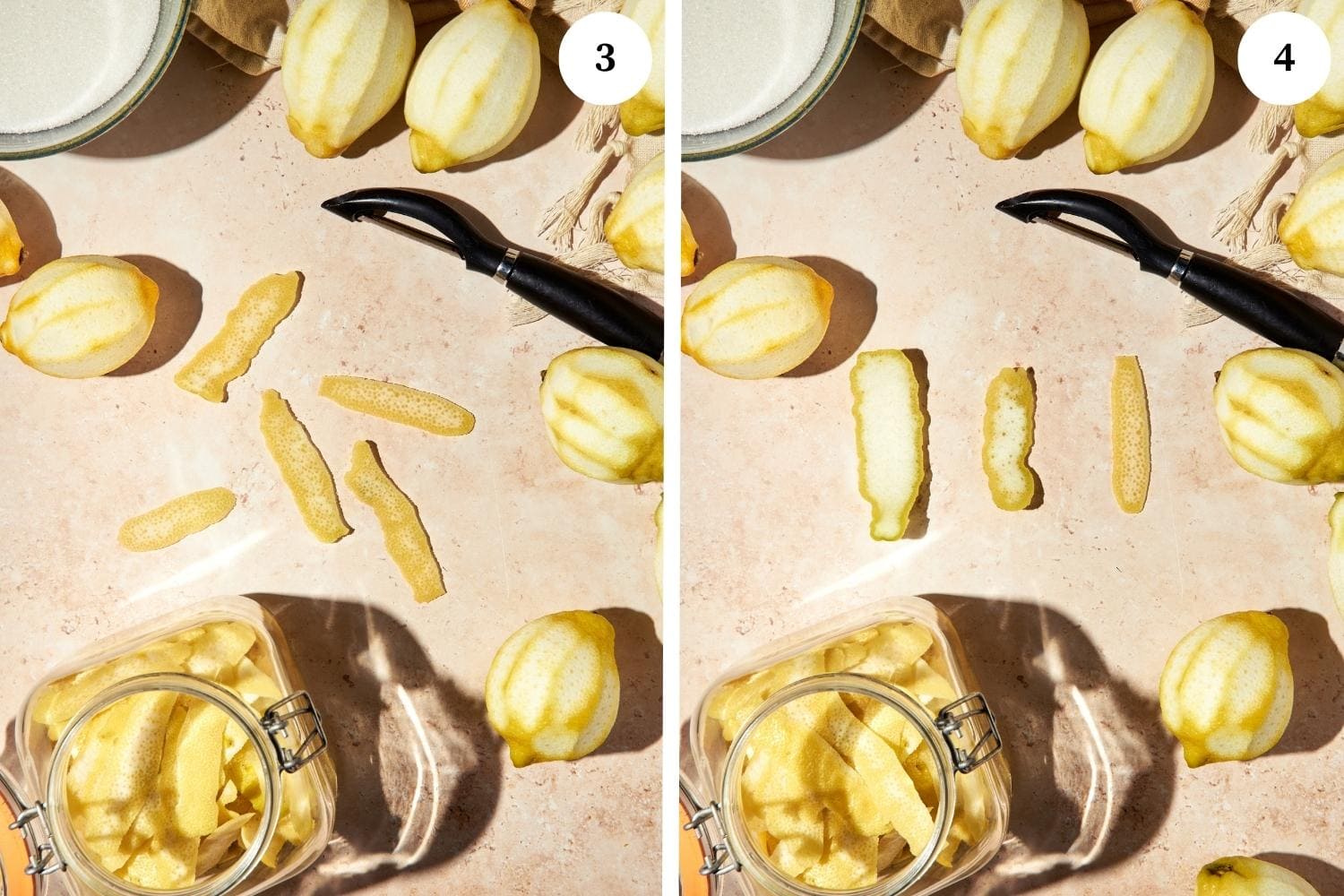 Homemade limoncello procedure: the lemons are peeled. The peels are put in a glass jar.