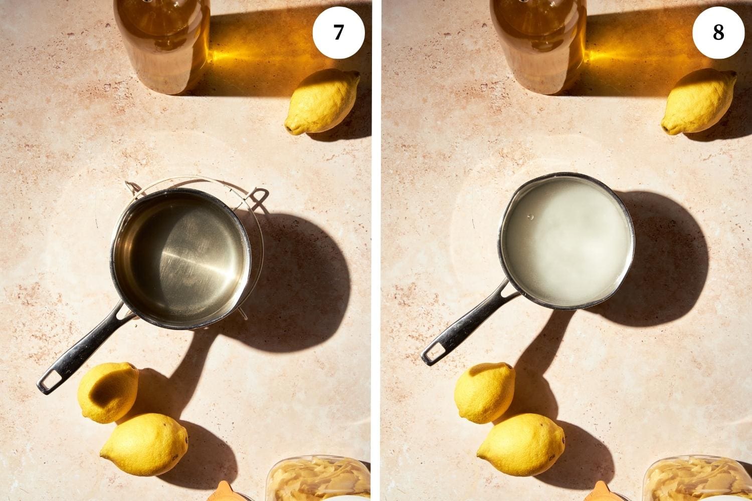 Homemade limoncello procedure:  the sugar is dissolved in heated water.