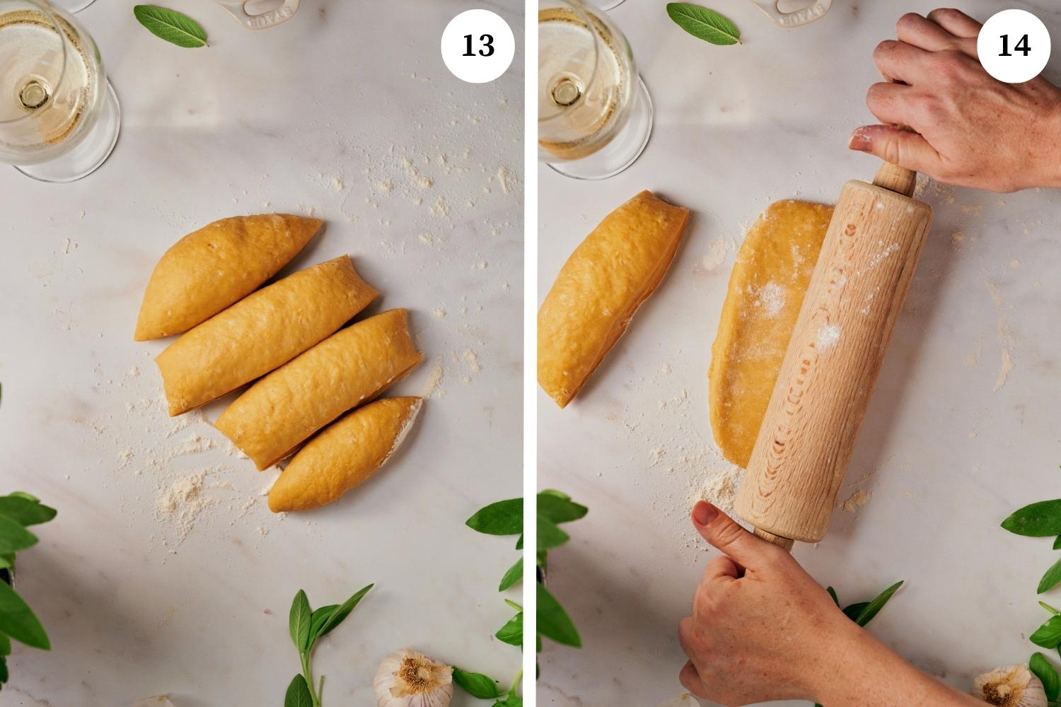 Process of making Lobster Ravioli: cut the dough into 1-inch strips