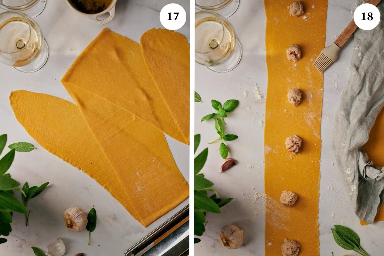 Process of making Lobster Ravioli: take one large strip of pasta and lay it out flat and put a heaping teaspoon of lobster ravioli filling every 3 inches.