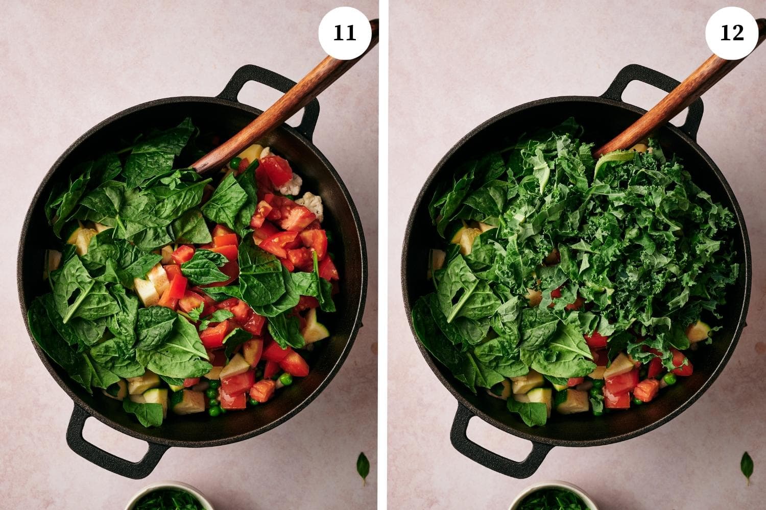 Step by step process for making minestrone soup: add the spinach, kale and any other leafy vegetables.