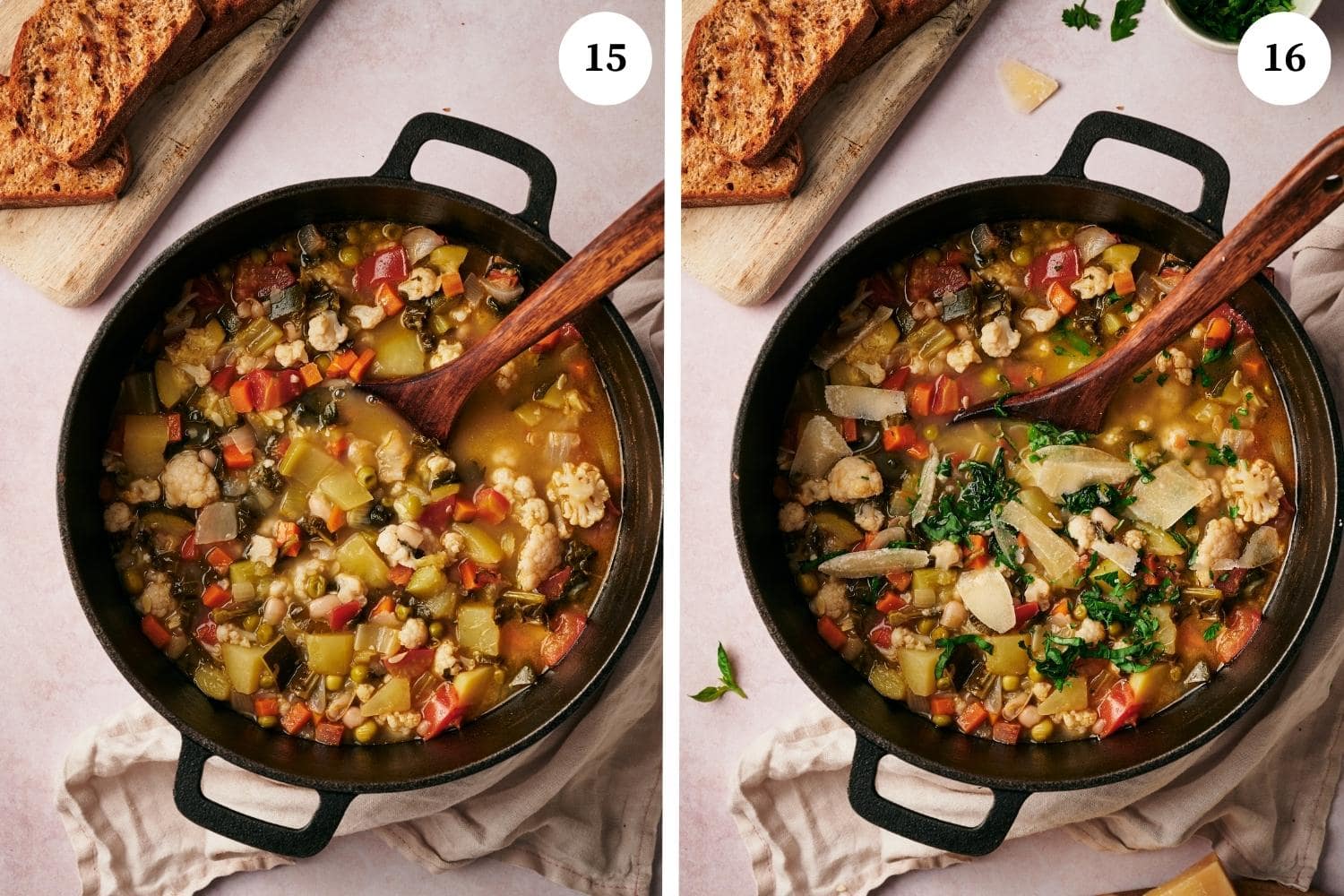 Step by step process for making minestrone soup: don't overcook the veggies.