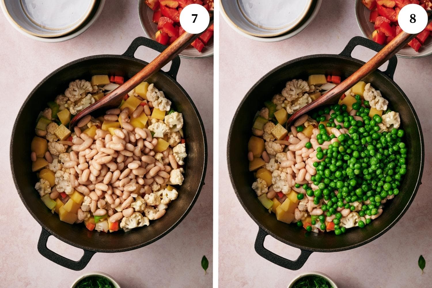 Step by step process for making minestrone soup: add the Cannellini white beans and peas.