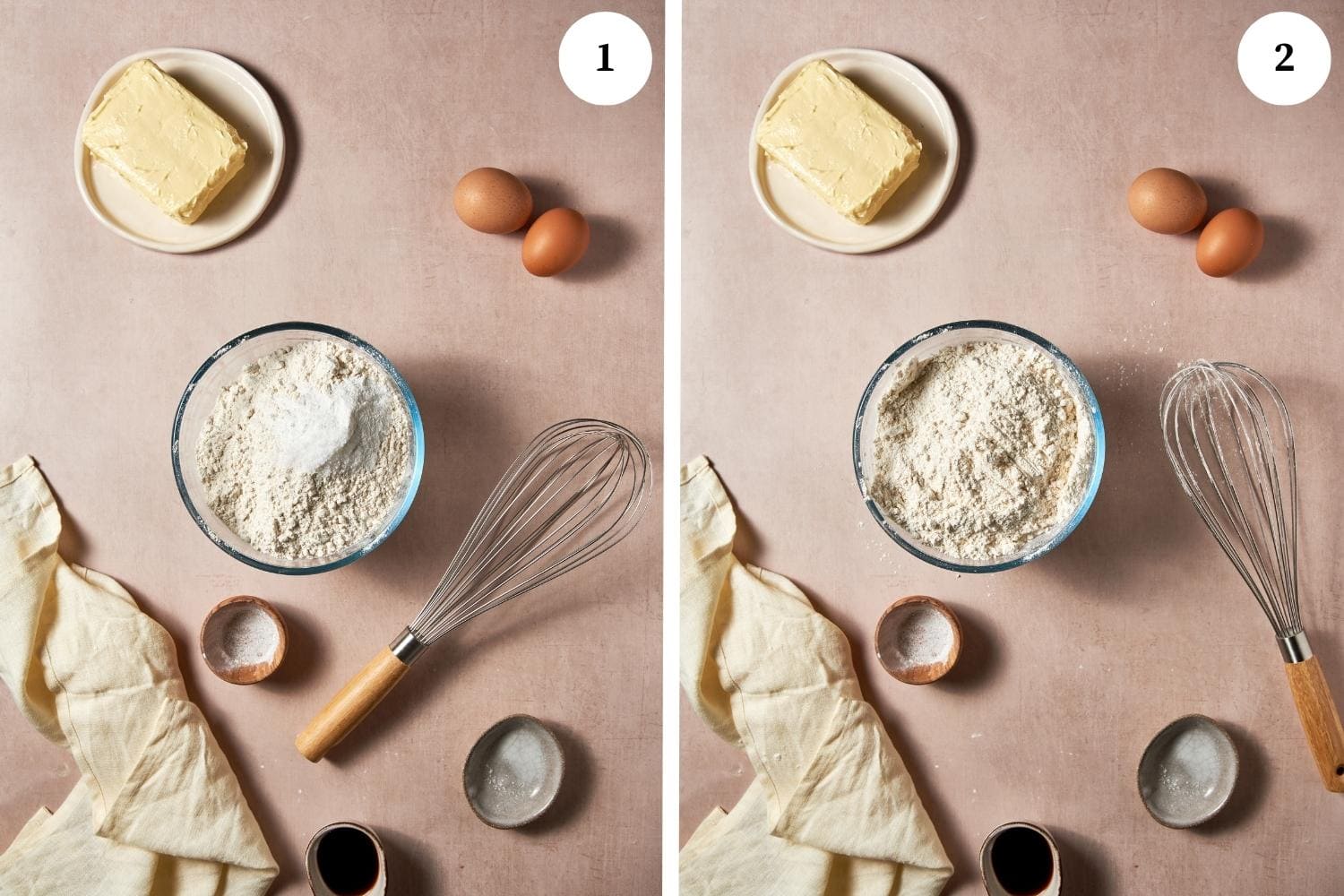Ricotta cookies procedure: flour, baking powder and salt are placed in a bowl and mixed together,