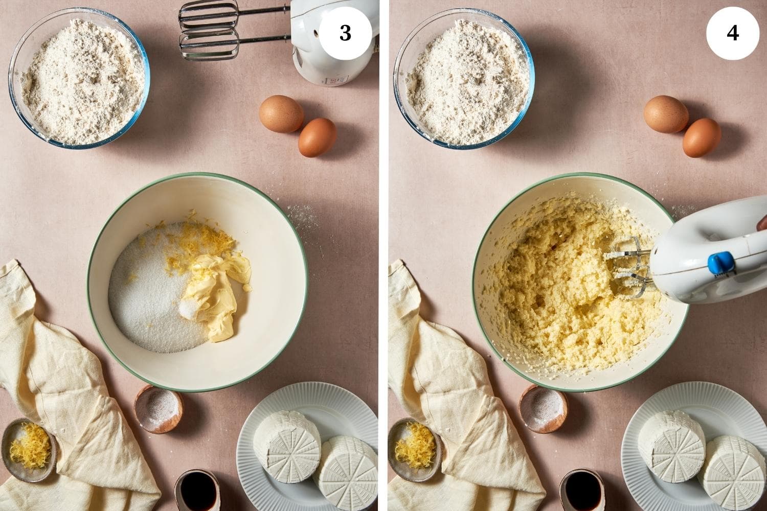 Ricotta cookies procedure: the sugar, butter and the lemon zest are mixed together.