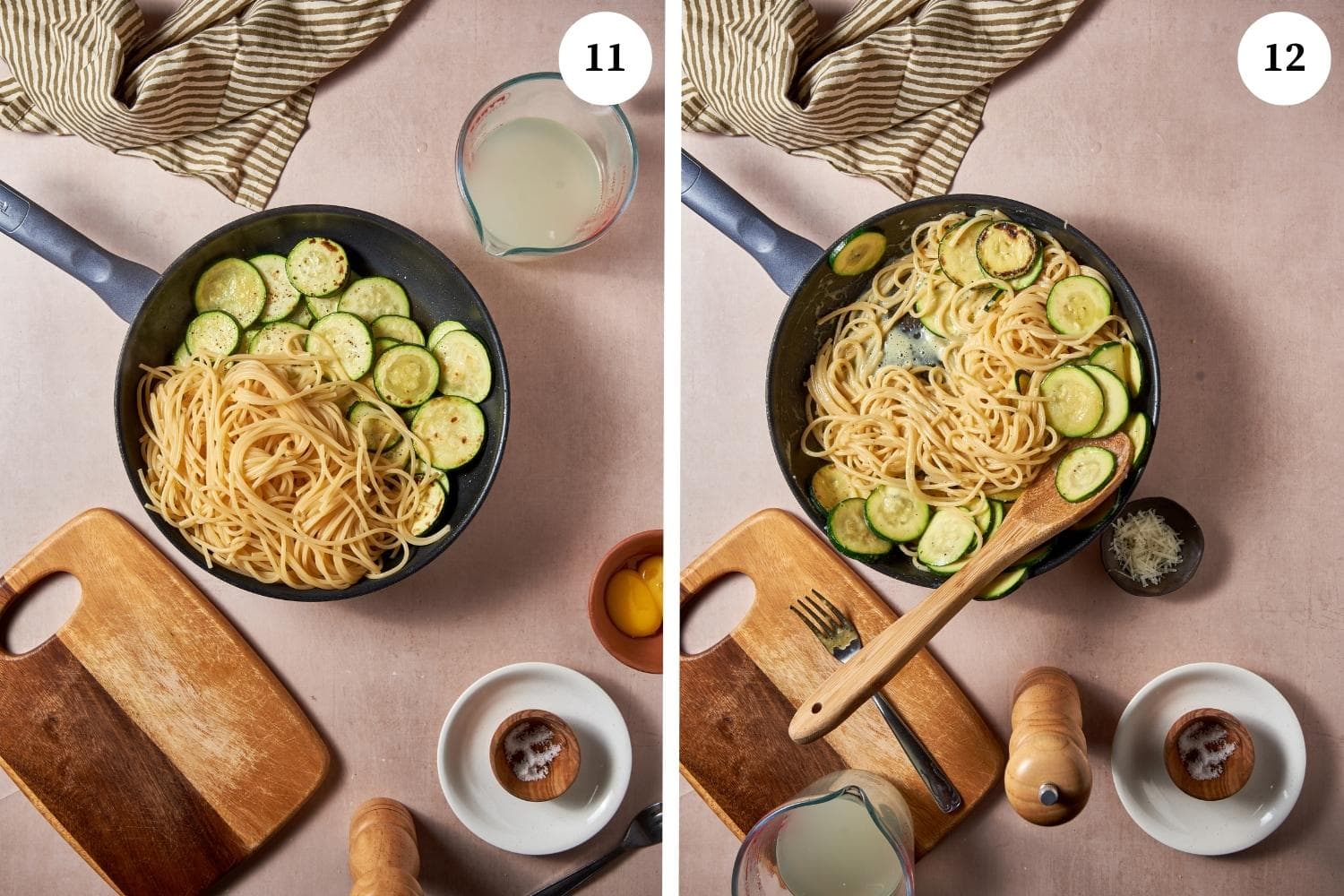 Vegetarian carbonara procedure: the noodles are added to the pan with cooked zucchini. Then, 2 to 3 tablespoons of the pasta cooking water are added and the ingredients together are sauted.