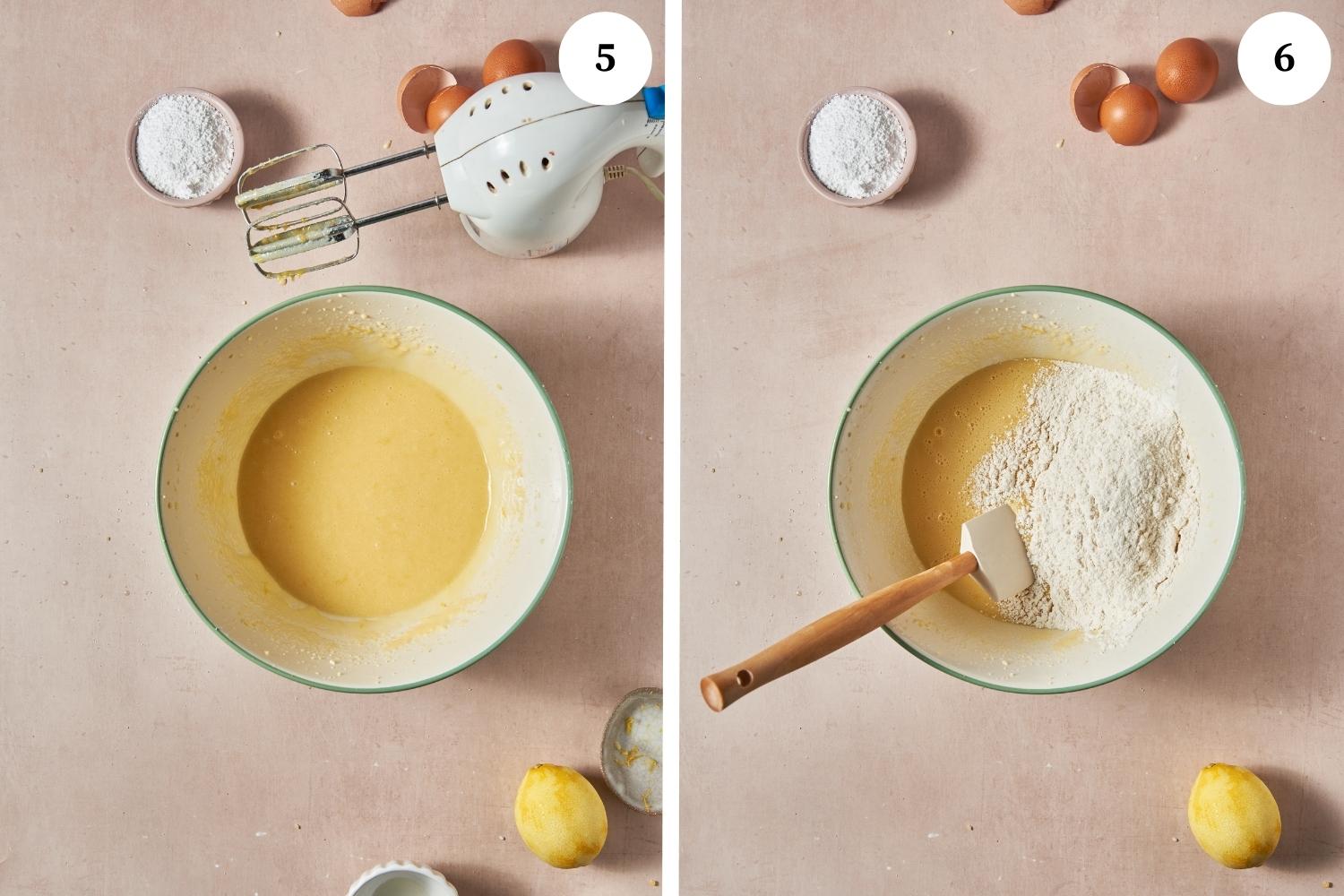 limoncello cake procedure: smooth mixture in a bowl next to a hand mixer, next photo is of a bowl with a mixture with a wooden spatula and flour on top