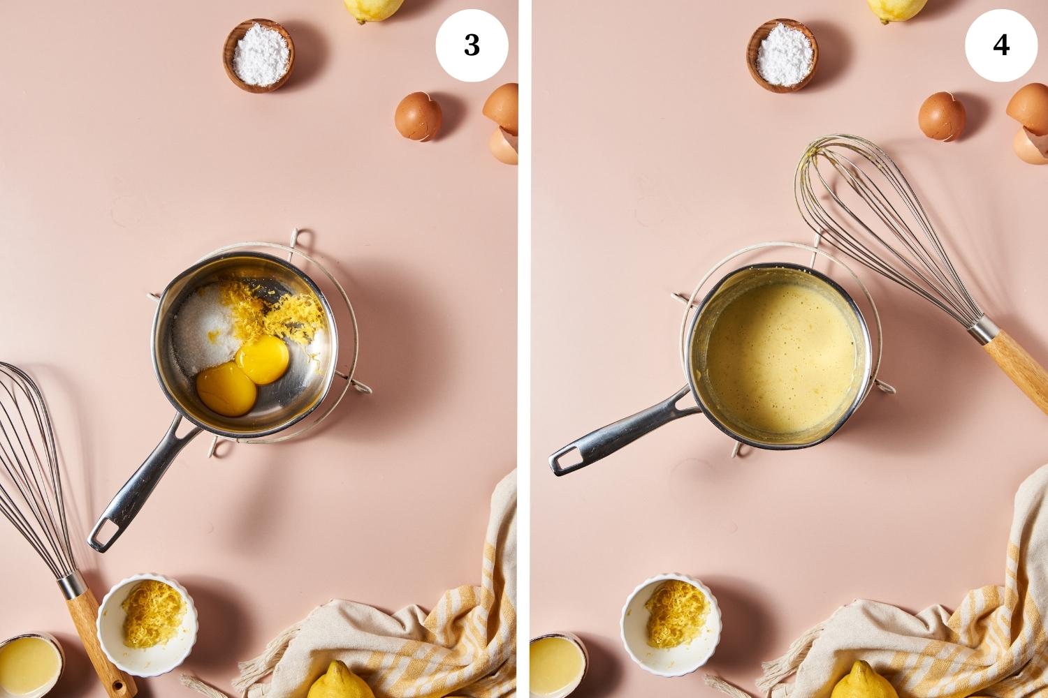 lemon tiramisu procedure: egg yolks, sugar and lemon zest on a saucepot, next photo is a whisked mixture.