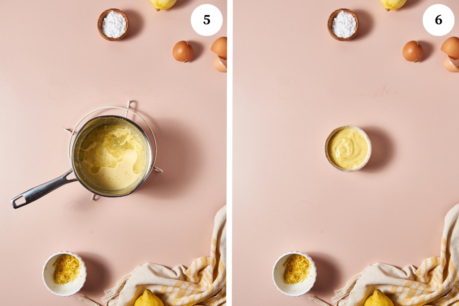 lemon tiramisu procedure: mixture in a saucepot with lemon juice. next photo is a thick lemon cream in a bowl