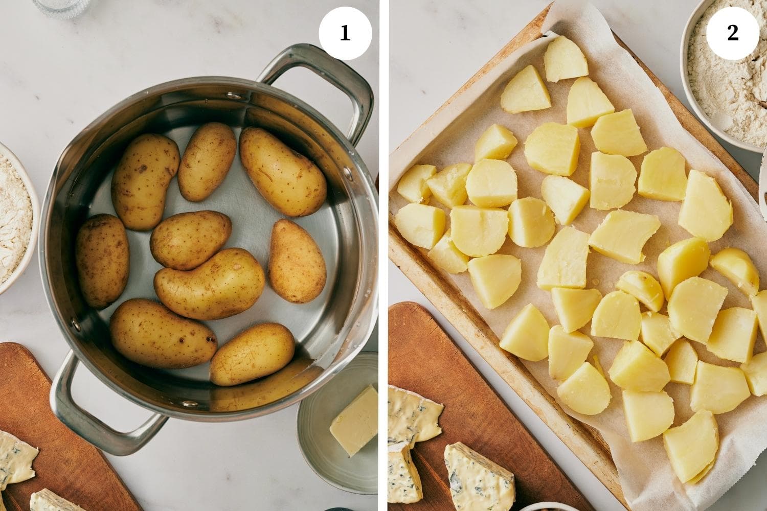gnocchi with gorgonzola procedure: potatoes in a pot with water. quartered potatoes on a baking sheet