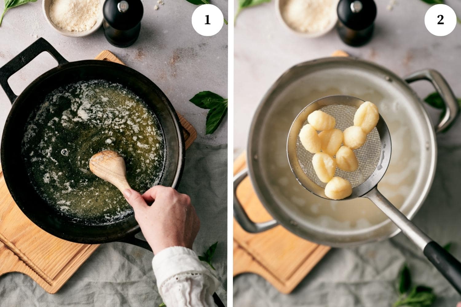 pan-fried gnocchi procedure: melted butter on a skillet, gnocchi put out from boiling water