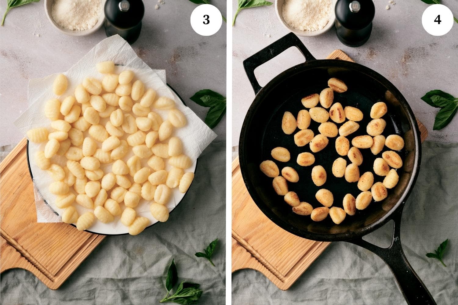 gnocchi on a plate with paper towels. pan-fried gnocchi on a skillet