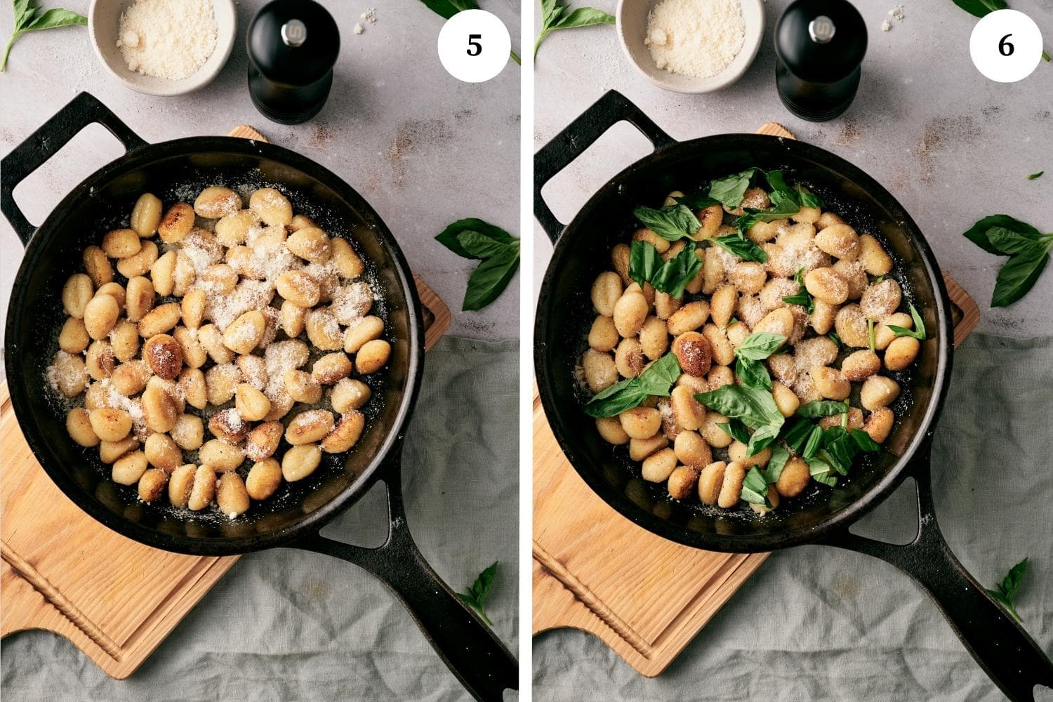 pan-fried gnocchi with cheese and basil on top