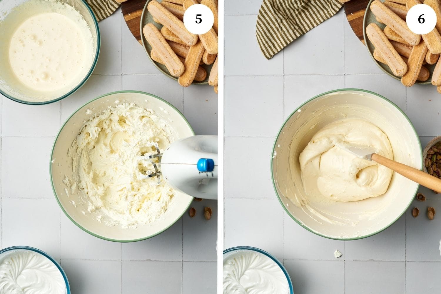 pistachio tiramisu procedure: whipped mascarpone cheese in a large bowl.