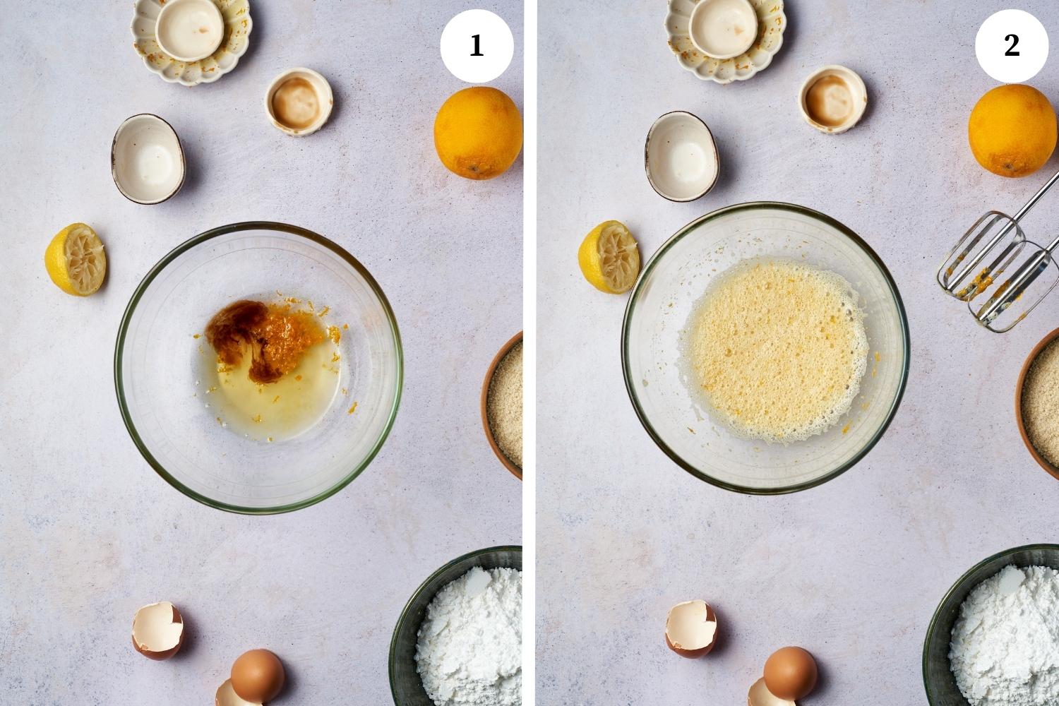 ricciarelli procedure: egg whites, lemon juice, vanilla extract, almond extract, and orange zest in a large mixing bowl