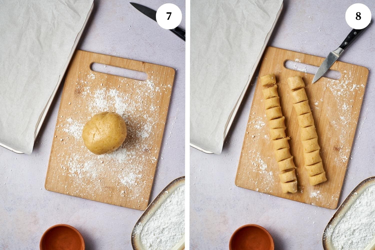 rolled ricciarelli dough in a chopping board