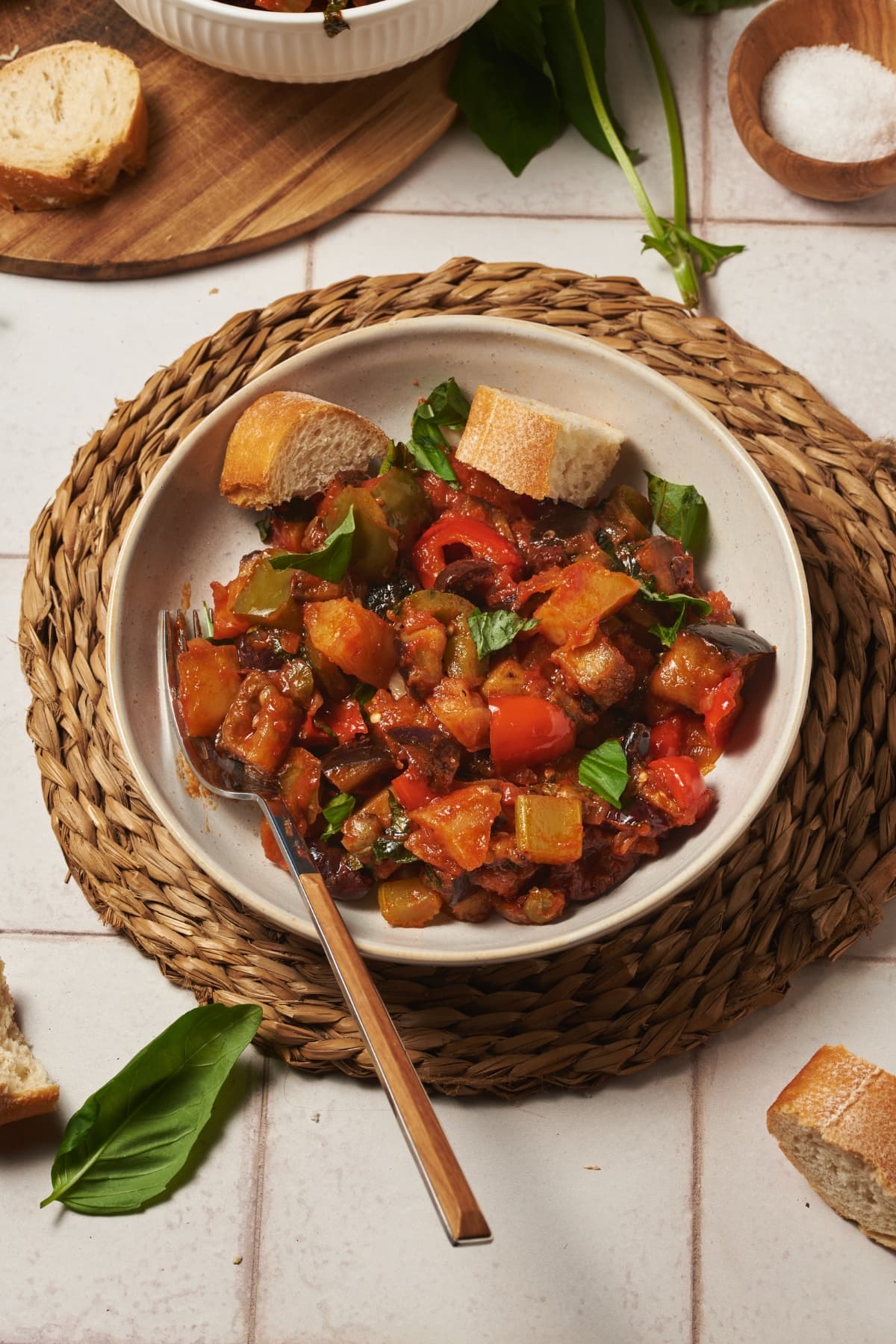 eggplant caponata in a dish on a table