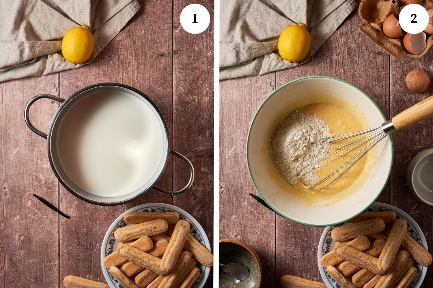 zuppa inglese preparation steps - bring the milk to boil,  mix the eggs and the flour together