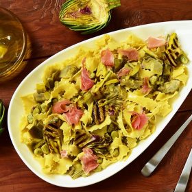 Pappardelle pasta with Artichokes, fava beans and proscitto recipe
