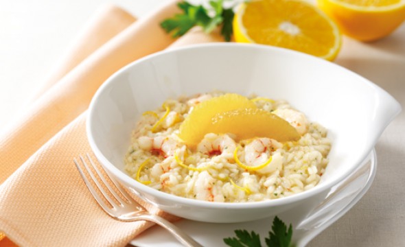 Risotto with orange shrimp is a great dish.