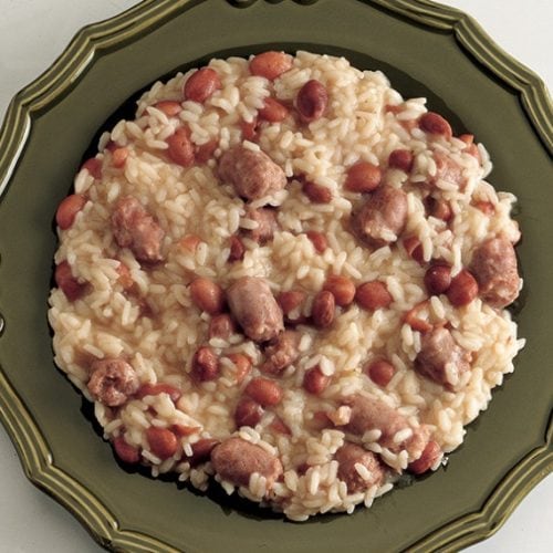 Risotto with Italian sausage is an interesting meal.